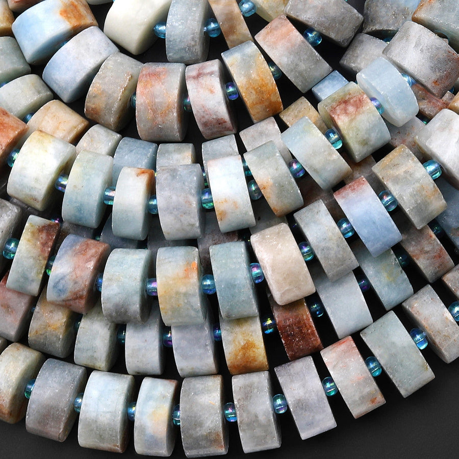 Natural Multicolor Aquamarine Matte Thick Rondelle Wheel Beads Center Drilled 15.5" Strand
