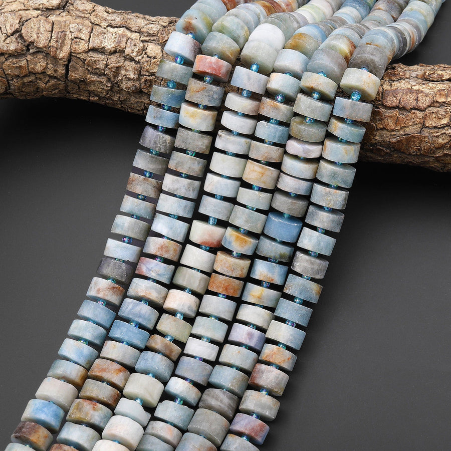 Natural Multicolor Aquamarine Matte Thick Rondelle Wheel Beads Center Drilled 15.5" Strand