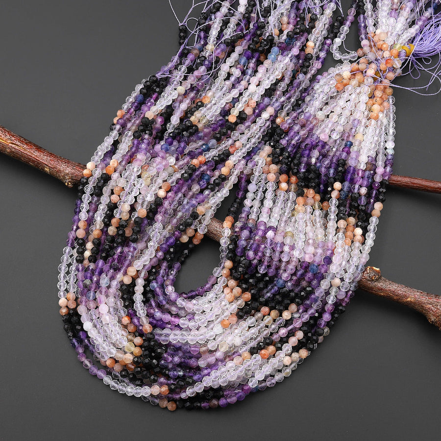 Faceted Multicolor Mixed Gemstone Round Beads 3mm 4mm Sunstone Amethyst Black Spinel 15.5" Strand