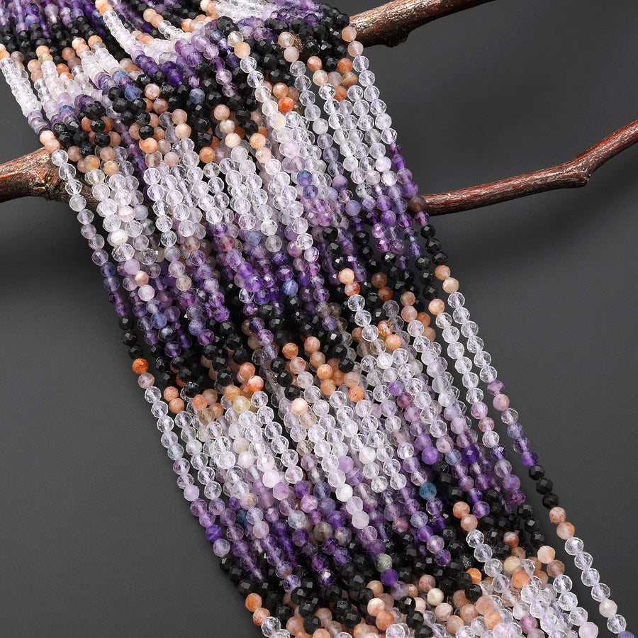 Faceted Multicolor Mixed Gemstone Round Beads 3mm 4mm Sunstone Amethyst Black Spinel 15.5" Strand