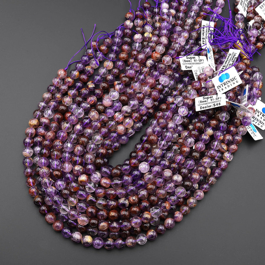 Super 7 Crystal Element Natural Phantom Amethyst Cacoxenite Round Beads 4mm 6mm 8mm 10mm 12mm Round Beads Powerful Healing Stone 15.5" Strand