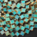 Genuine Natural Blue Turquoise Gold Copper Edging 4 Four Leaf Clover 10mm 12mm Beads Choose from 5pcs, 10pcs, Full 16" Strand