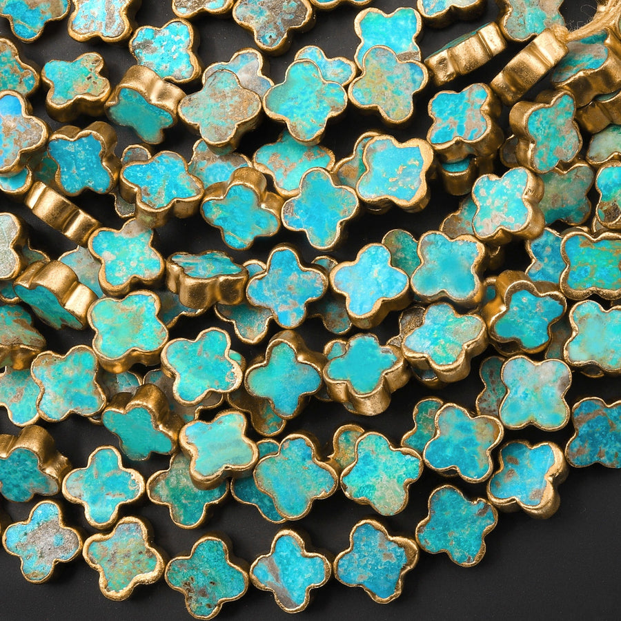 Genuine Natural Blue Turquoise Gold Copper Edging 4 Four Leaf Clover 10mm 12mm Beads Choose from 5pcs, 10pcs, Full 16" Strand