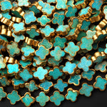 Genuine Natural Blue Turquoise Gold Copper Edging 4 Four Leaf Clover 10mm 12mm 14mm Beads Choose from 5pcs, 10pcs, Full 16" Strand