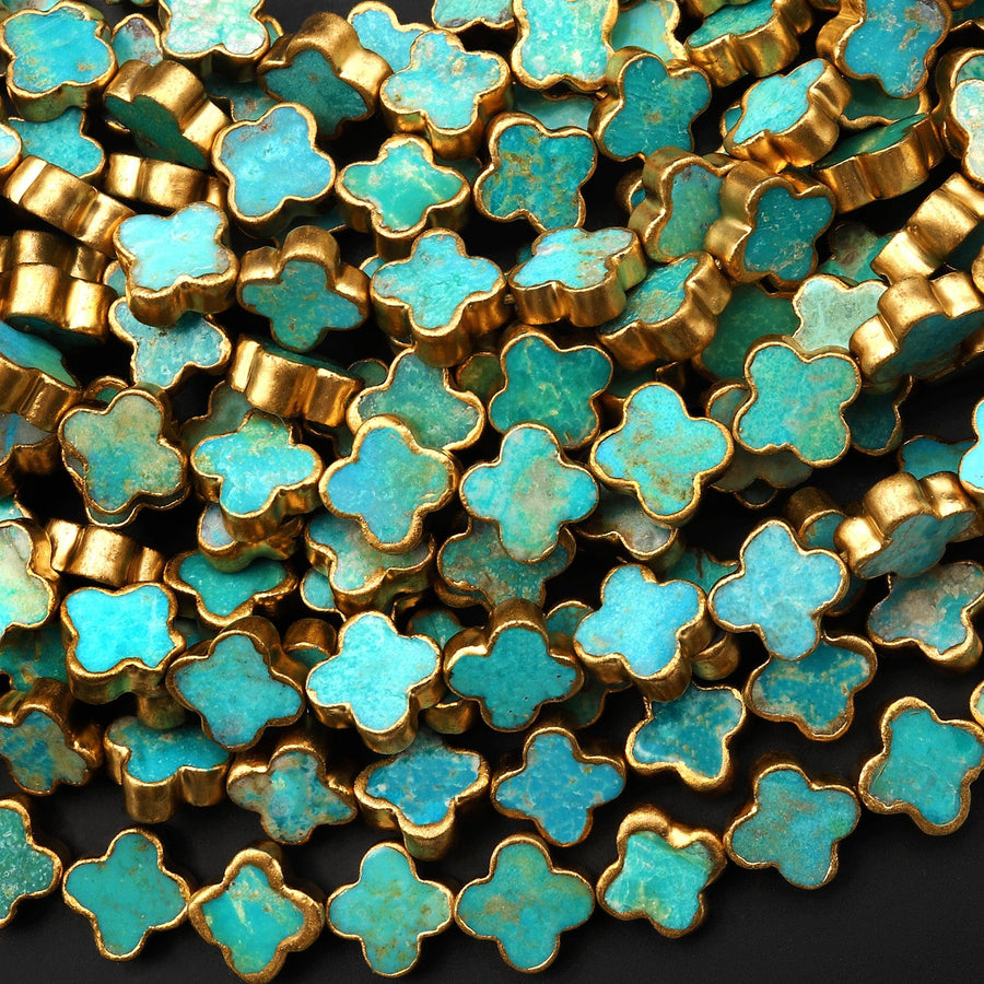 Genuine Natural Blue Turquoise Gold Copper Edging 4 Four Leaf Clover 10mm 12mm 14mm Beads Choose from 5pcs, 10pcs, Full 16" Strand