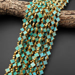 Genuine Natural Blue Turquoise Gold Copper Edging 4 Four Leaf Clover 10mm 12mm 14mm Beads Choose from 5pcs, 10pcs, Full 16" Strand