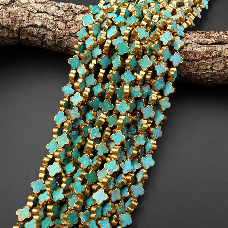 Genuine Natural Blue Turquoise Gold Copper Edging 4 Four Leaf Clover 10mm 12mm 14mm Beads Choose from 5pcs, 10pcs, Full 16" Strand
