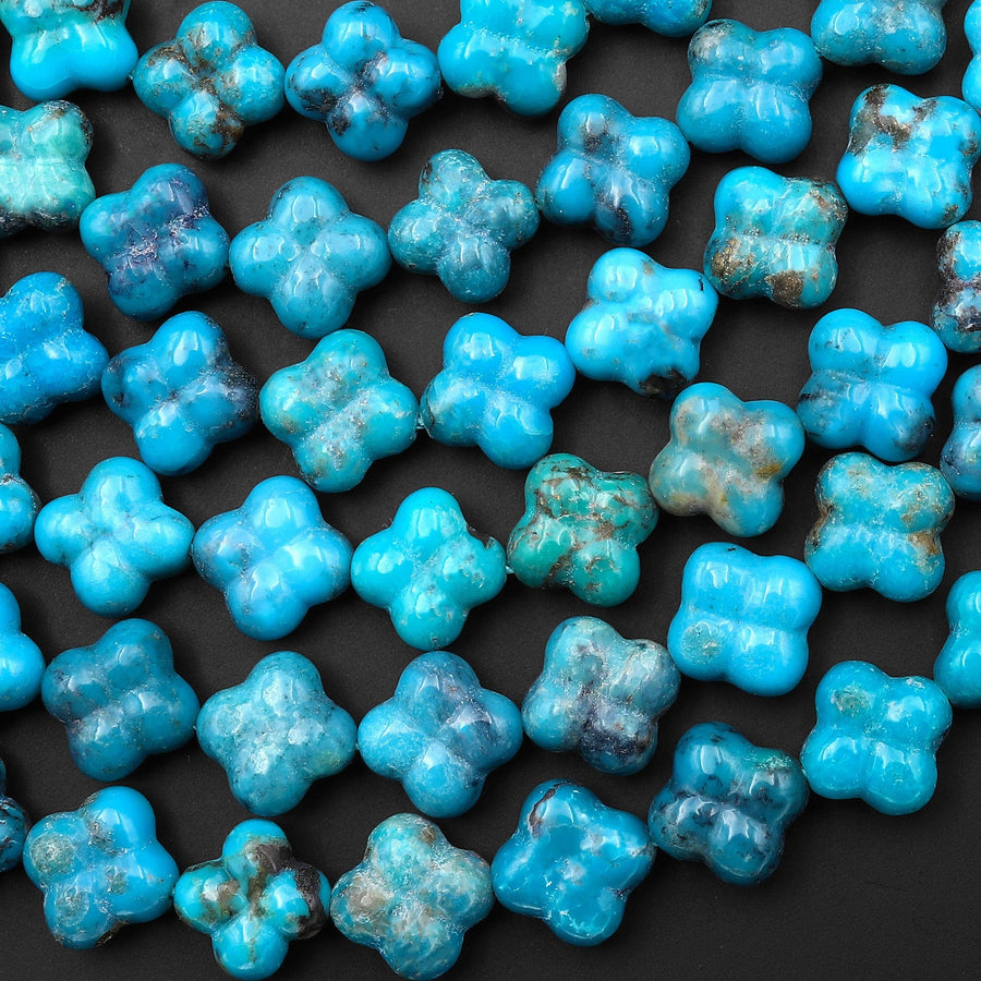 Hand Carved Real Genuine Natural Blue Turquoise 3D 4 Leaf Clover 6mm 8mm Beads Choose from 5 pcs, 10 pcs