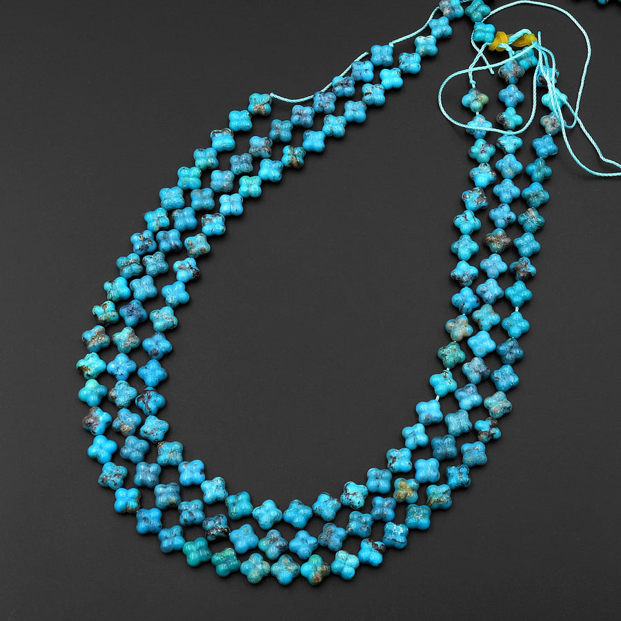 Hand Carved Real Genuine Natural Blue Turquoise 3D 4 Leaf Clover 6mm 8mm Beads Choose from 5 pcs, 10 pcs