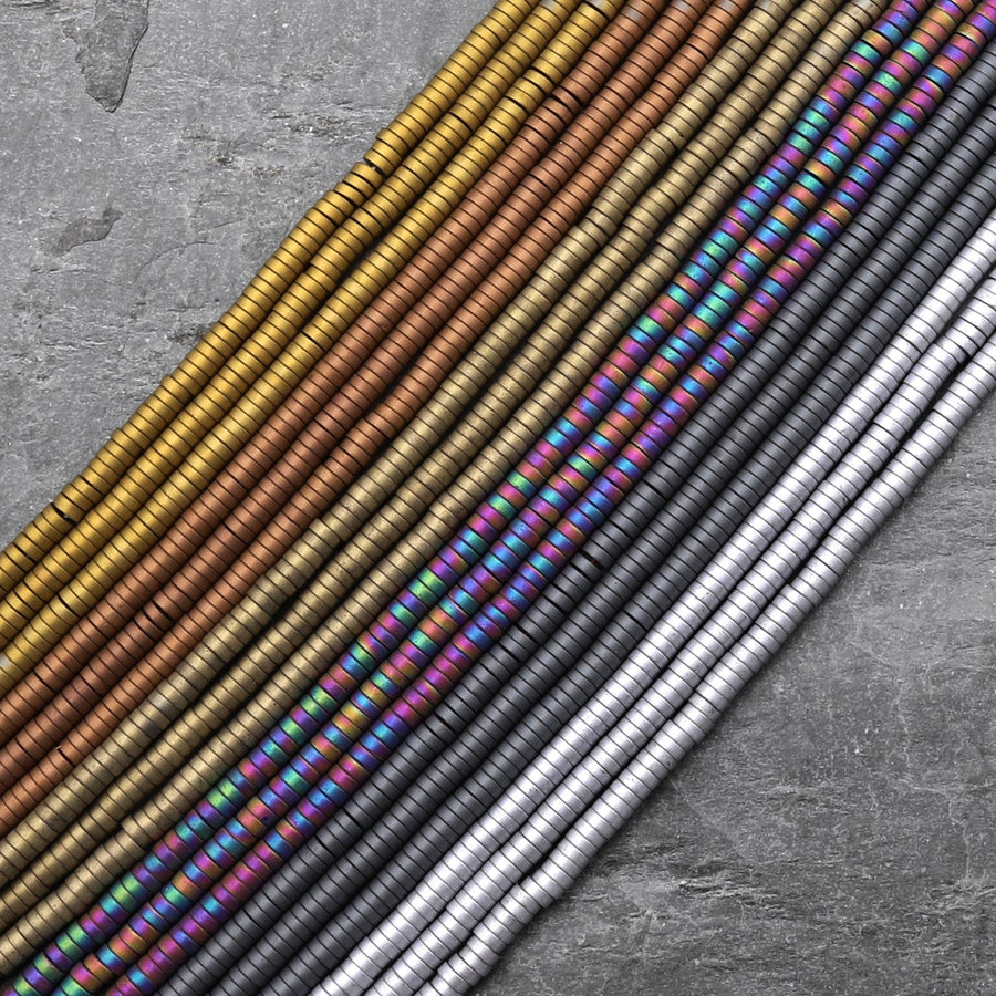 Matte Hematite 2mm Heishi Beads Small Spacer Silver Gold Bronze Rainbow Champagne Black 15.5" Strand