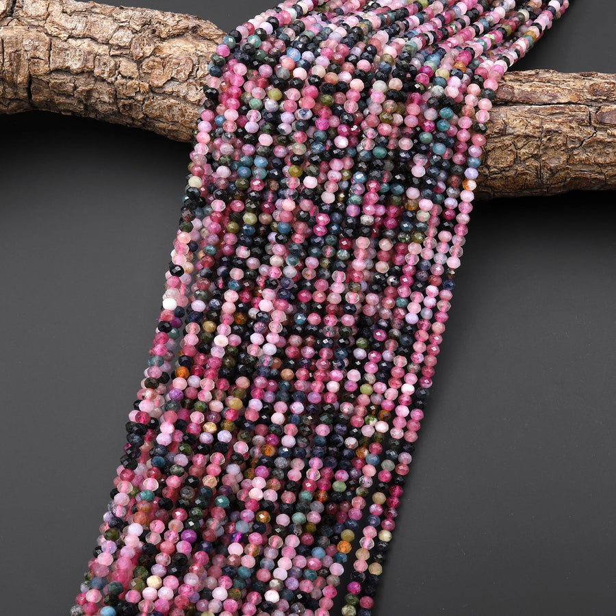 AAA Natural Pink Blue Green Tourmaline Faceted 4mm Rondelle Beads Gemstone 15.5" Strand