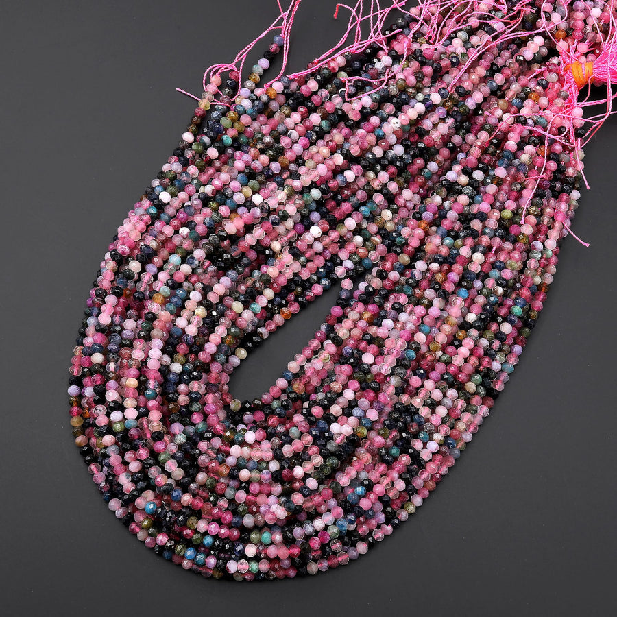 AAA Natural Pink Blue Green Tourmaline Faceted 4mm Rondelle Beads Gemstone 15.5" Strand