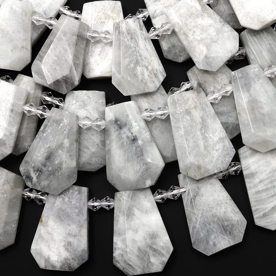 Natural Silvery White Gray Moonstone Faceted Trapezoid Rectangle Beads Side Drilled Tapered Teardrop Shape Cut Focal Pendant 15.5" Strand