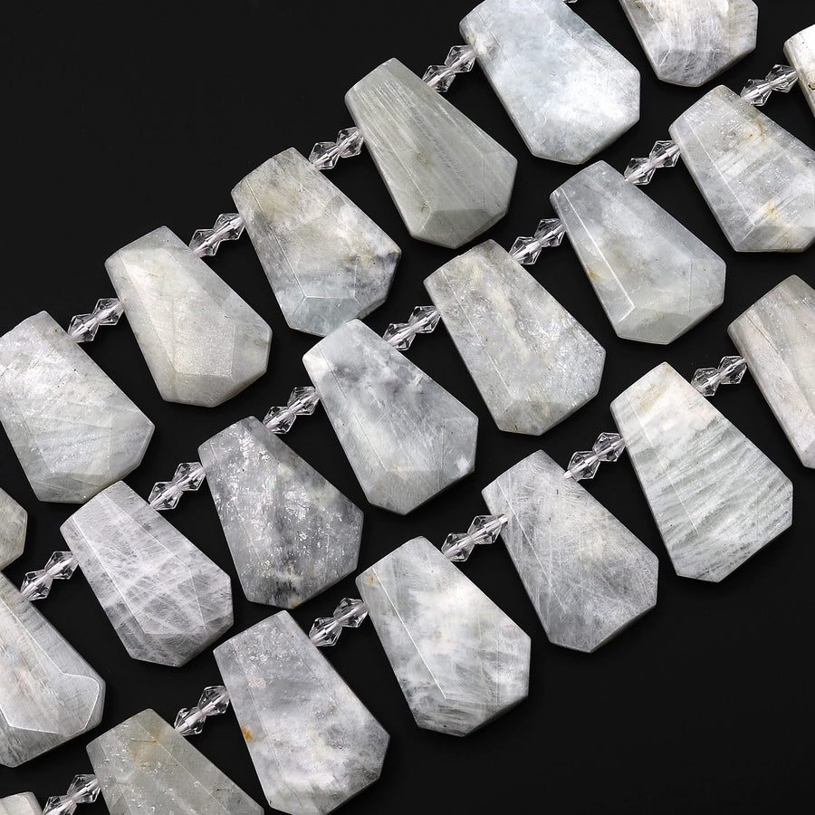 Natural Silvery White Gray Moonstone Faceted Trapezoid Rectangle Beads Side Drilled Tapered Teardrop Shape Cut Focal Pendant 15.5" Strand