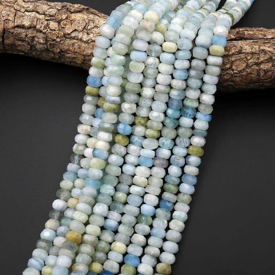 Large Natural Multicolor Aquamarine Faceted Rondelle Beads 8mm 15.5" Strand