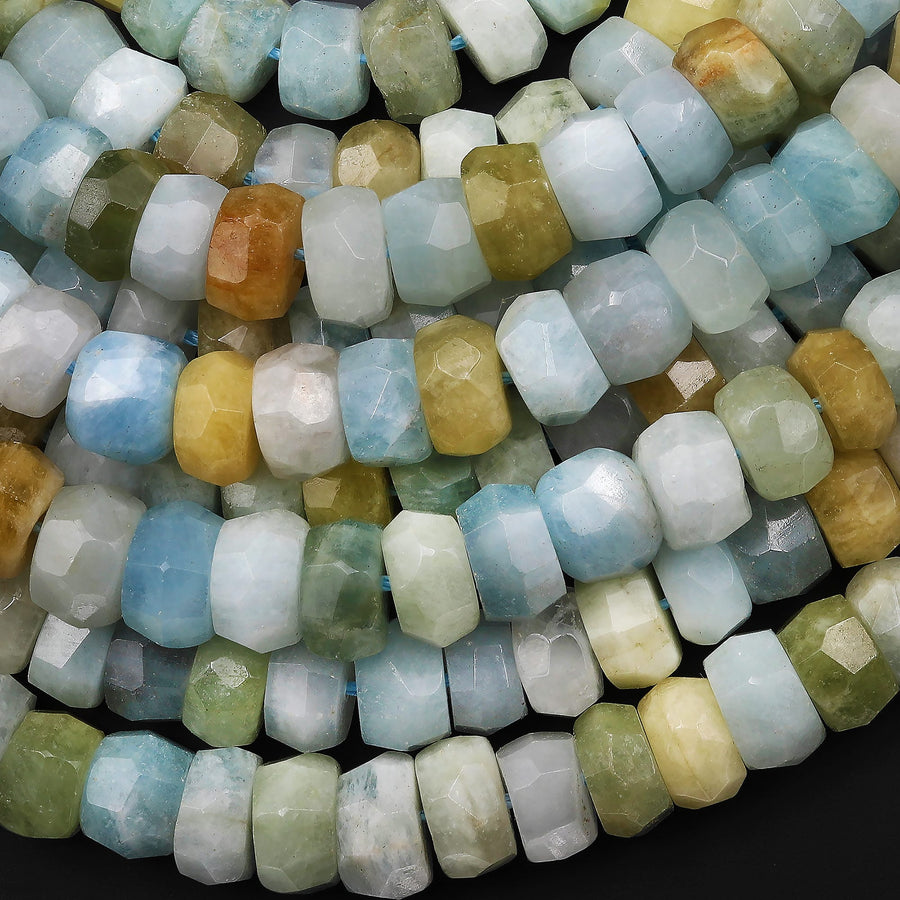 Large Natural Multicolor Aquamarine Faceted Rondelle Beads 9mm 10mm 11mm 12mm Rondelle A Grade Blue Green Yellow Real Aquamarine Gemstone 15.5" Strand