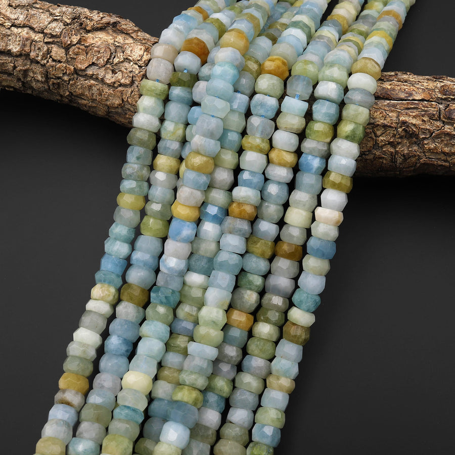 Large Natural Multicolor Aquamarine Faceted Rondelle Beads 9mm 10mm 11mm 12mm Rondelle A Grade Blue Green Yellow Real Aquamarine Gemstone 15.5" Strand
