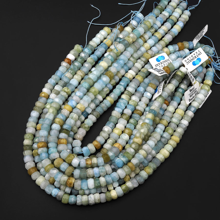 Large Natural Multicolor Aquamarine Faceted Rondelle Beads 9mm 10mm 11mm 12mm Rondelle A Grade Blue Green Yellow Real Aquamarine Gemstone 15.5" Strand