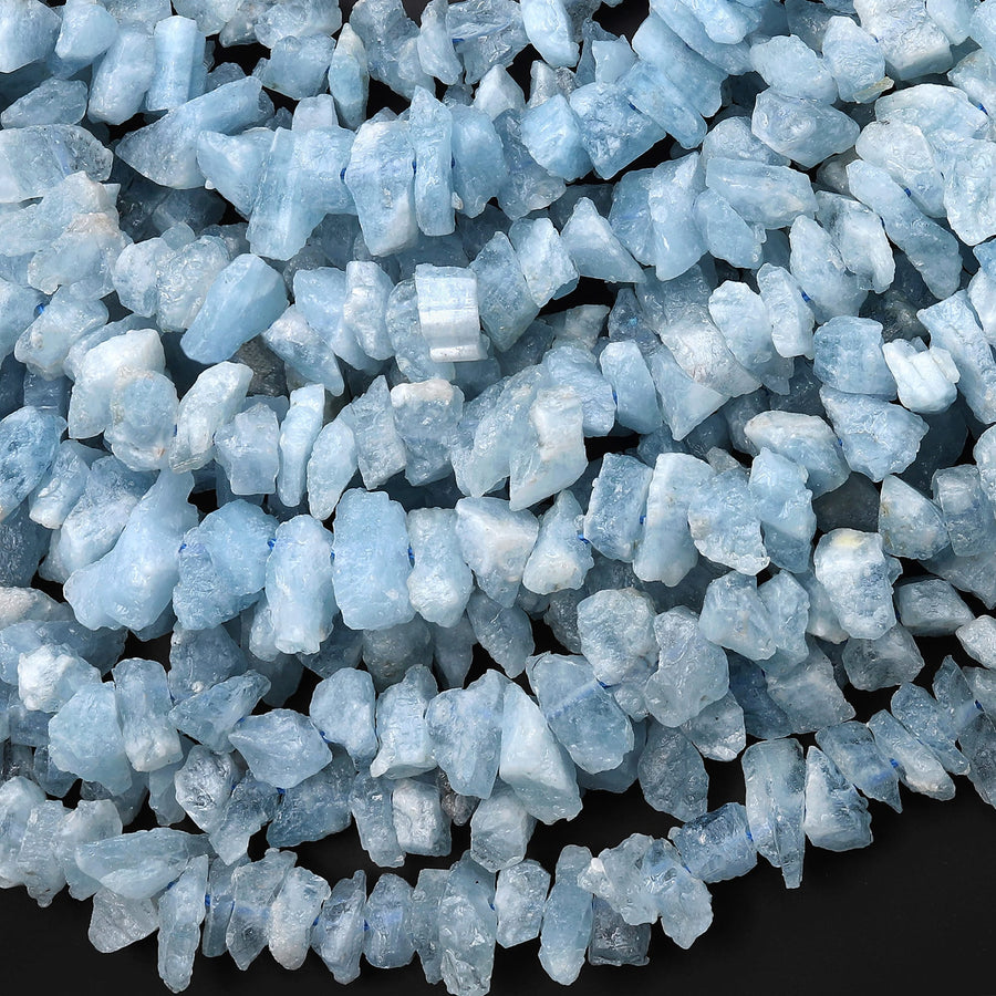 Raw Natural Aquamarine Beads Freeform Nuggets Hand Hammered Chiseled Blue Aquamarine Gemstone Organic Cut Blue Beryl 15.5" Strand