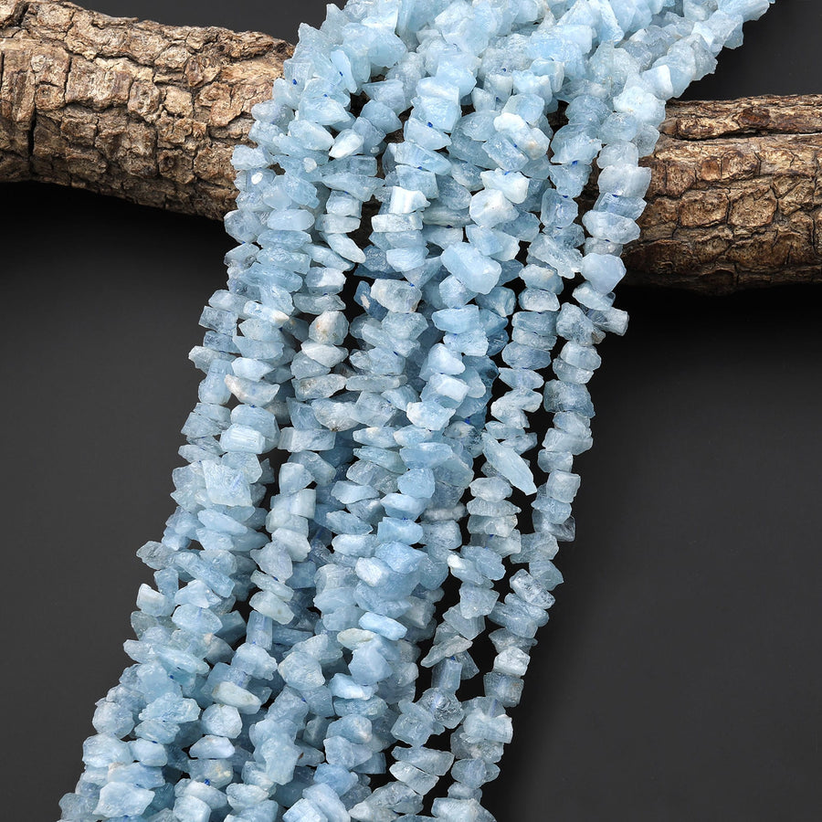 Raw Natural Aquamarine Beads Freeform Nuggets Hand Hammered Chiseled Blue Aquamarine Gemstone Organic Cut Blue Beryl 15.5" Strand