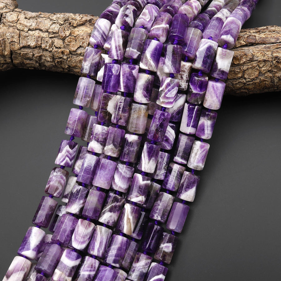 Faceted Natural Chevron Amethyst Tube Beads 16x10mm 15.5" Strand
