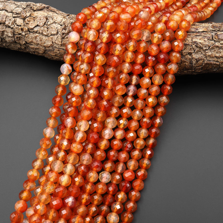 AAA Faceted Natural Fiery Orange Red Carnelian 4mm 6mm 8mm 10mm Round Beads Gemstone 15.5" Strand