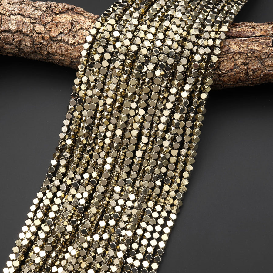 Titanium Pyrite 2mm 3mm 4mm 6mm Hexagon Square Cube Dice Beads High Quality Plain Cubes Sparkling Pyrite Natural Gemstone Beads 15.5" Strand