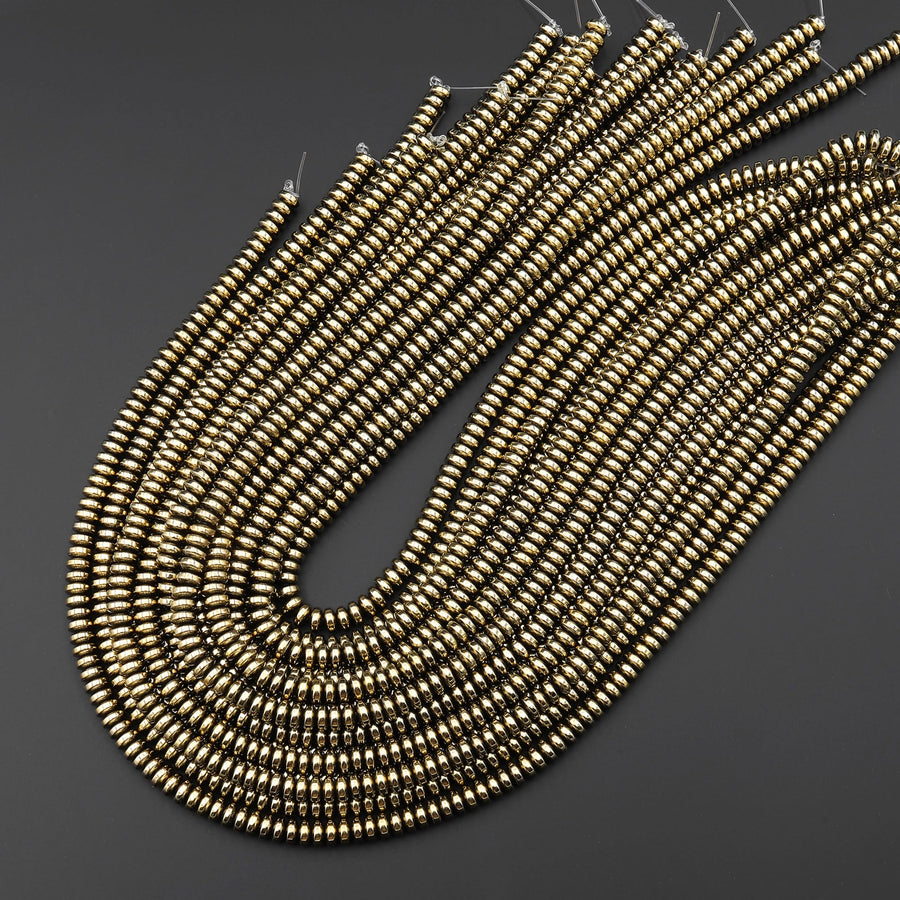 Titanium Pyrite 2mm 3mm 4mm 6mm 8mm Smooth Rondelle Heishi Beads 15.5" Strand