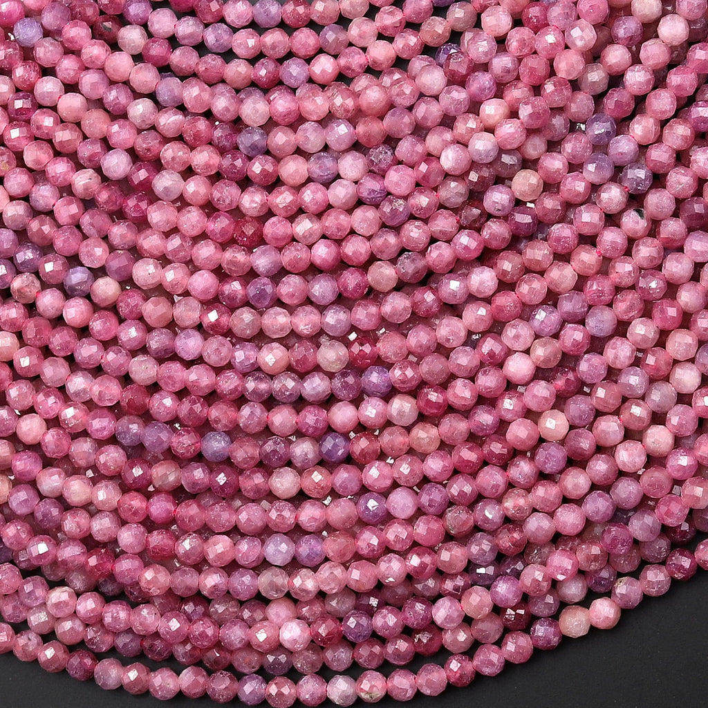 Genuine Natural Pink Red Ruby Faceted 2mm 3mm Gemstone Round Beads 15.5" Strand