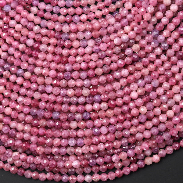 Genuine Natural Pink Red Ruby Faceted 2mm 3mm Gemstone Round Beads 15.5" Strand