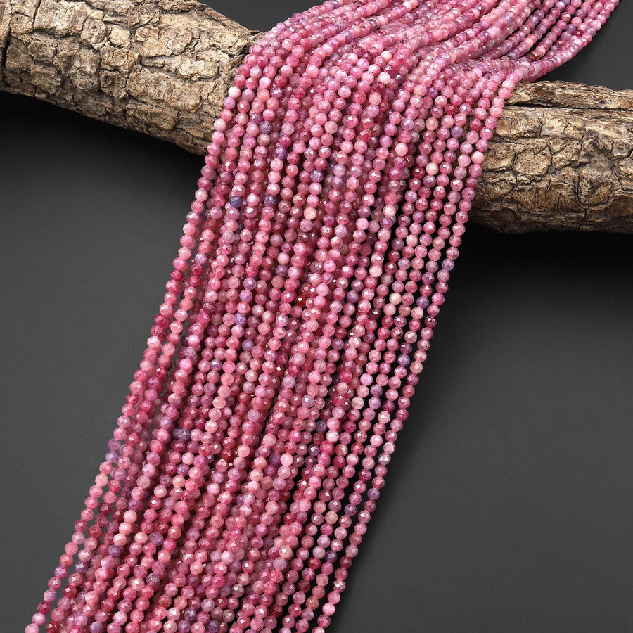 Genuine Natural Pink Red Ruby Faceted 2mm 3mm Gemstone Round Beads 15.5" Strand