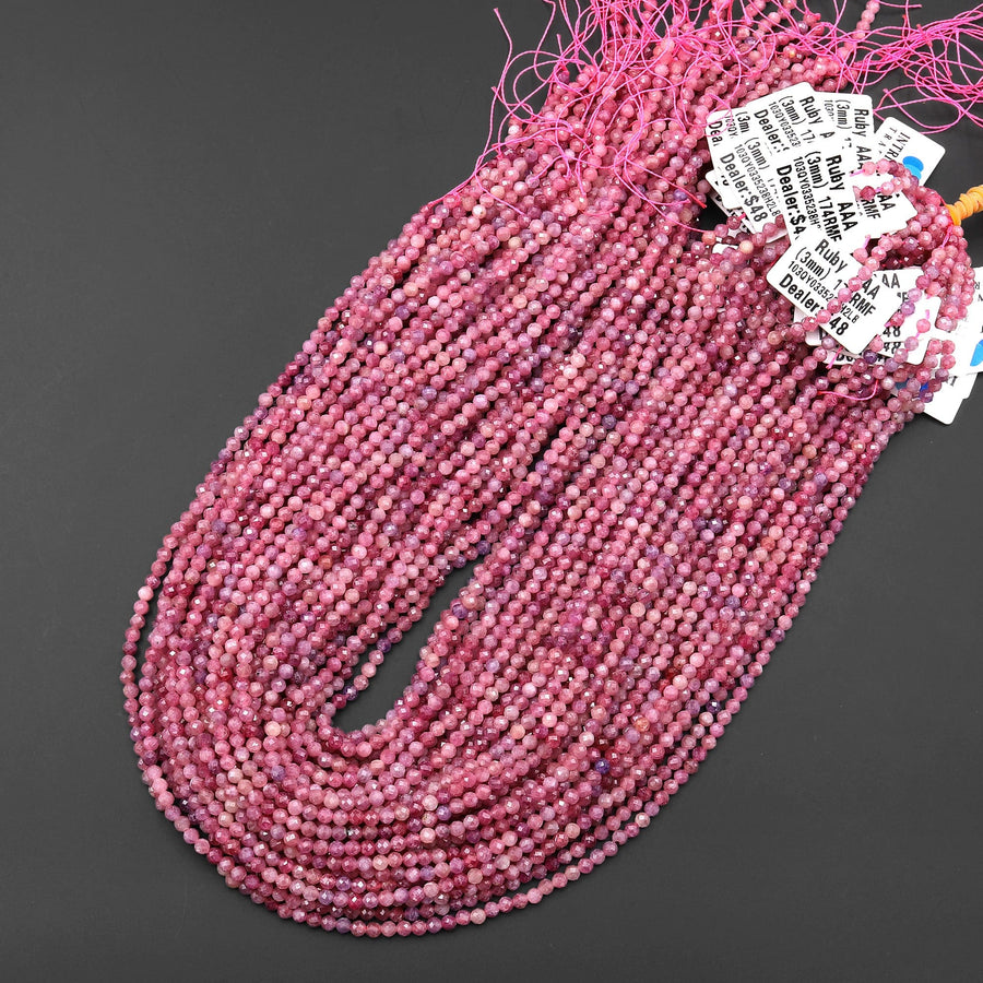 Genuine Natural Pink Red Ruby Faceted 2mm 3mm Gemstone Round Beads 15.5" Strand