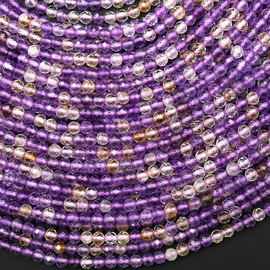 Faceted Natural Ametrine 2mm 3mm Round Beads Micro Laser Diamond Cut Gemstone 15.5" Strand