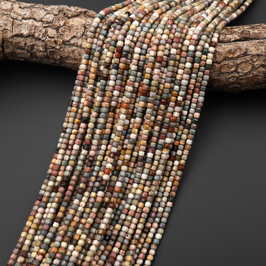 Faceted Natural Rainbow Agate 2mm 3mm Cube Beads Micro Diamond Cut Gemstone 15.5" Strand