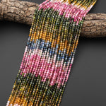 AAA Natural Tourmaline Faceted 3mm Round Multicolor Pink Green Blue Yellow Ombre Gemstone Beads 15.5" Strand