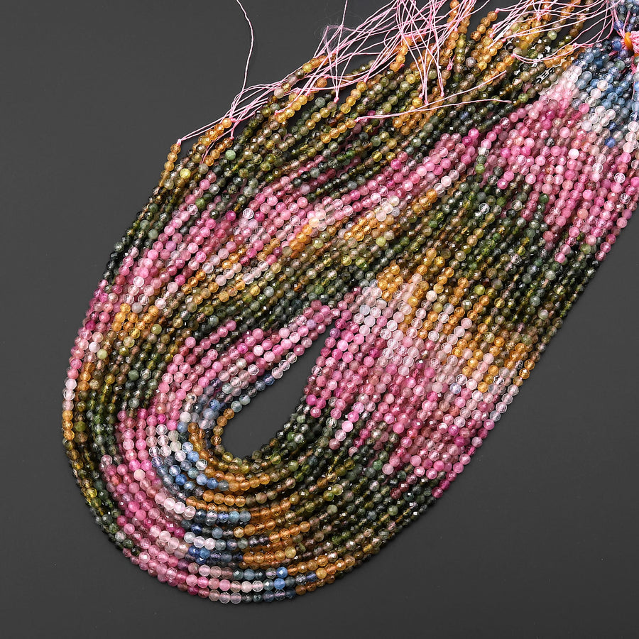 AAA Natural Tourmaline Faceted 3mm Round Multicolor Pink Green Blue Yellow Ombre Gemstone Beads 15.5" Strand