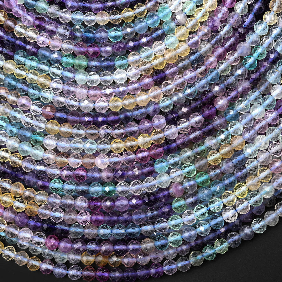 Natural Rainbow Fluorite Faceted 4mm 6mm Round Beads Micro Laser Cut Purple Green Gemstone 15.5" Strand