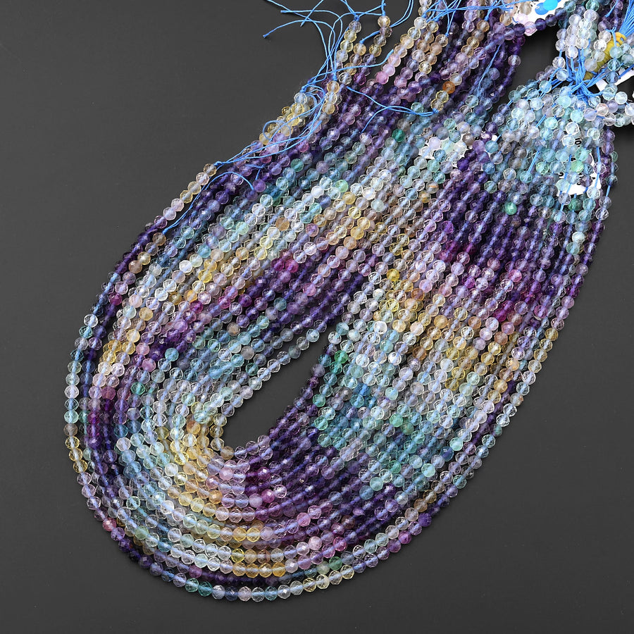 Natural Rainbow Fluorite Faceted 4mm 6mm Round Beads Micro Laser Cut Purple Green Gemstone 15.5" Strand