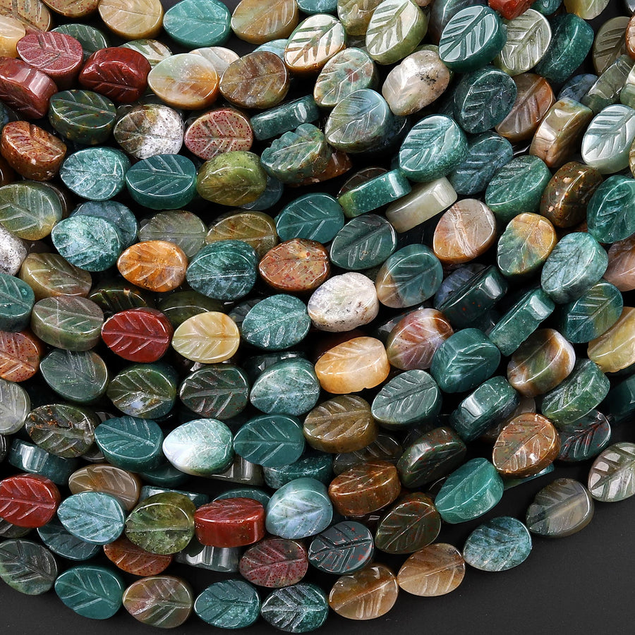 Natural Indian Agate Hand Carved Fall Leaf Gemstone Beads 15.5" Strand