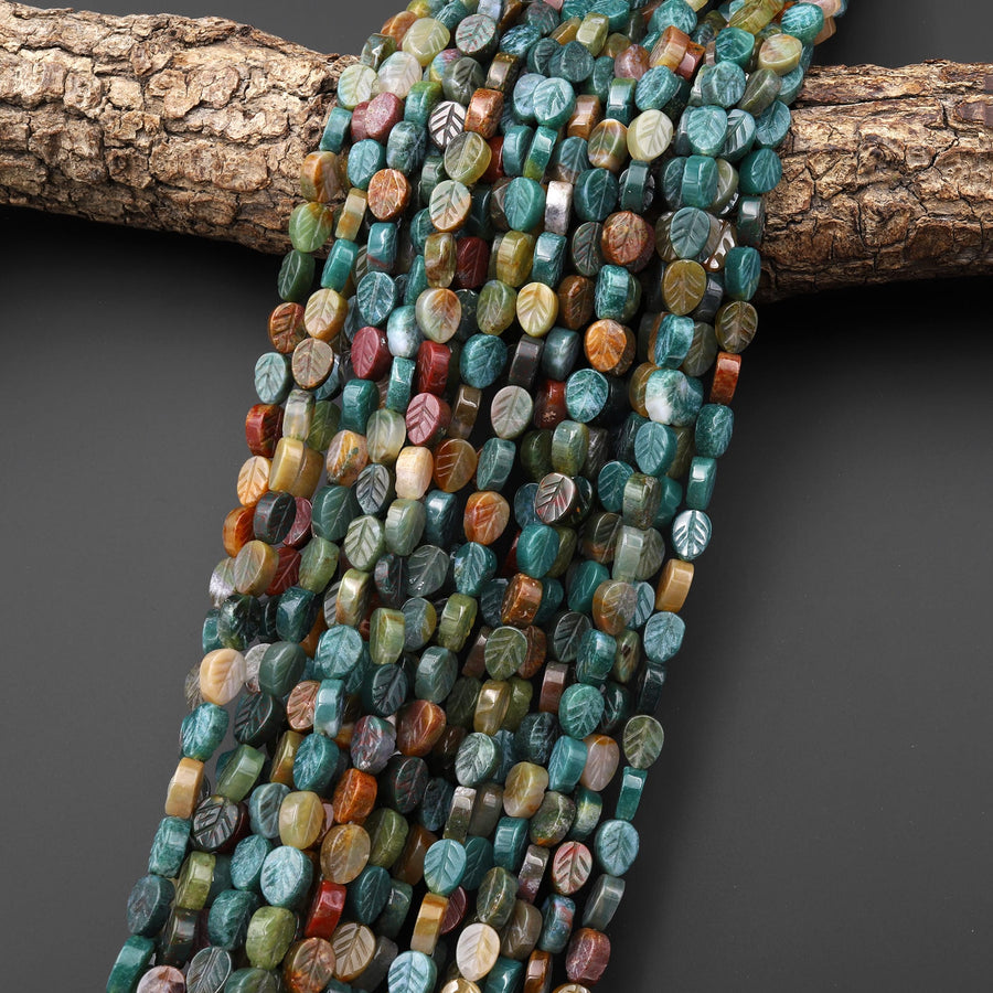 Natural Indian Agate Hand Carved Fall Leaf Gemstone Beads 15.5" Strand
