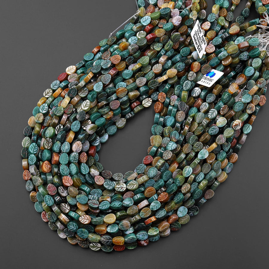 Natural Indian Agate Hand Carved Fall Leaf Gemstone Beads 15.5" Strand