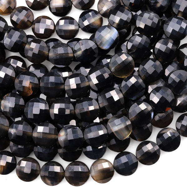 Faceted Natural Black Agate 10mm Coin Beads Gemstone 15.5" Strand