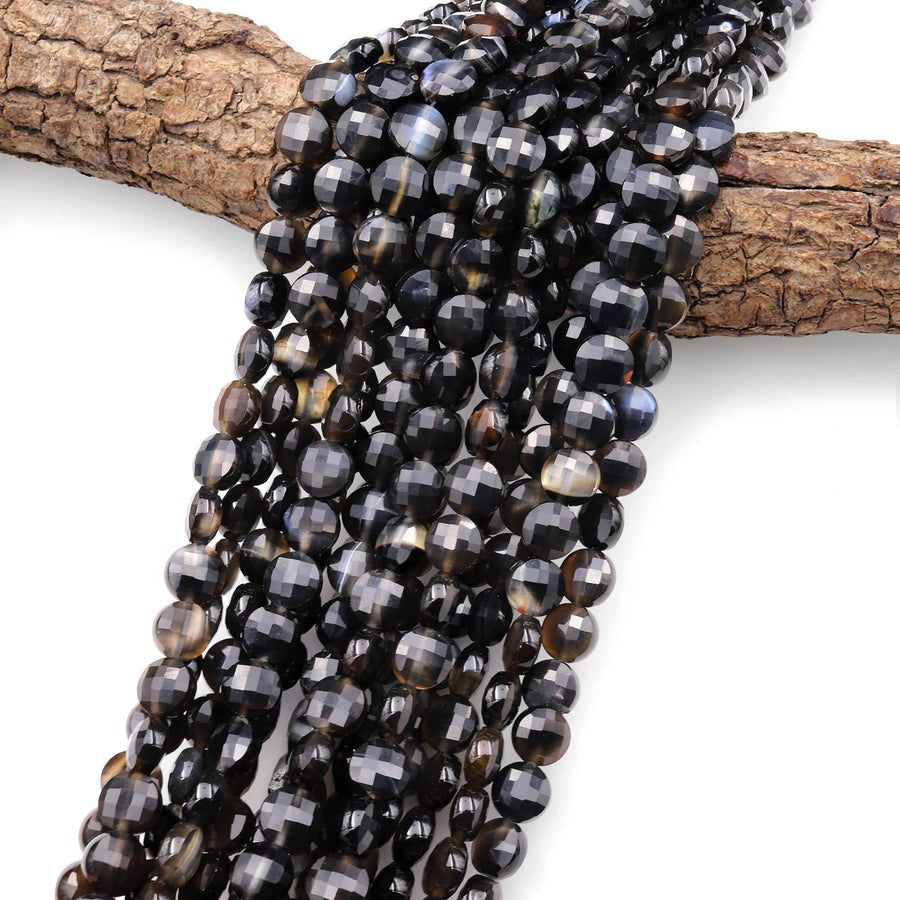 Faceted Natural Black Agate 10mm Coin Beads Gemstone 15.5" Strand