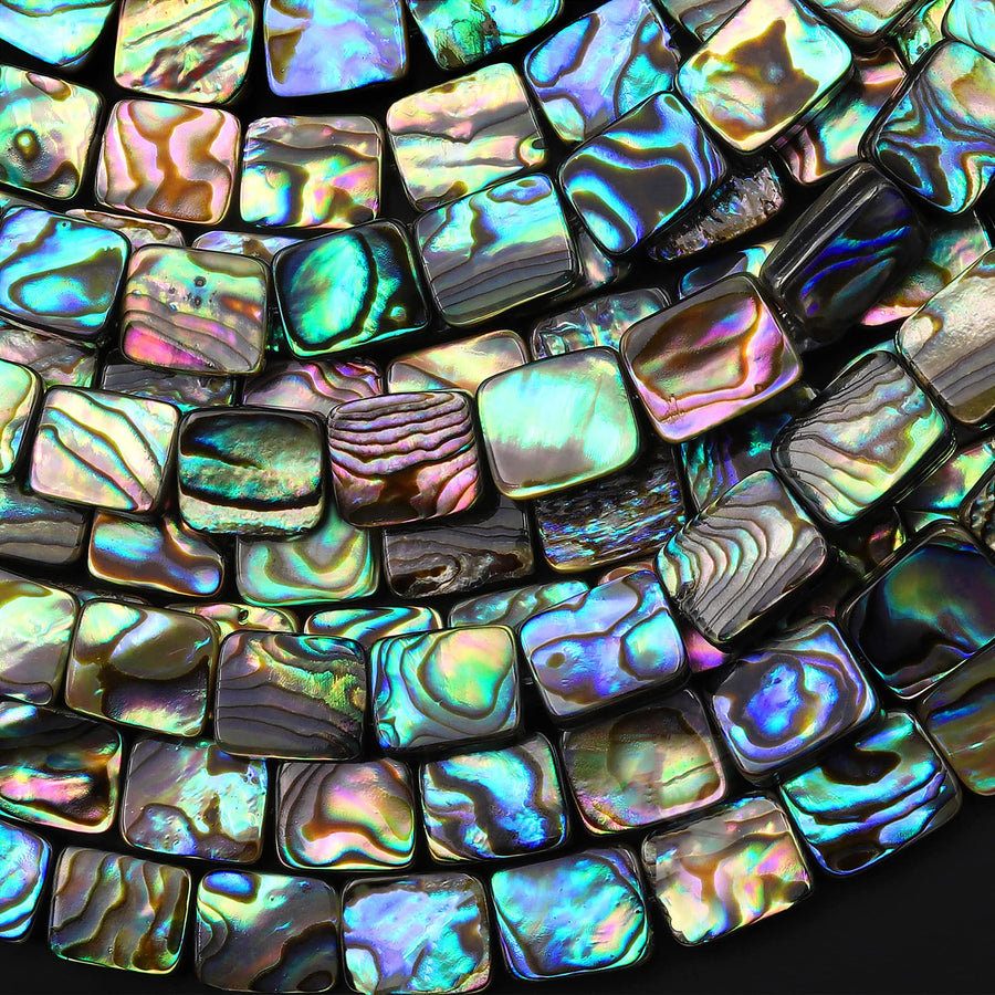 AAA Genuine Natural Abalone Shell 8mm 10mm 14mm 16mm Rectangle Beads Iridescent Rainbow Glow Blue Green Red Pink Flashes 15.5" Strand