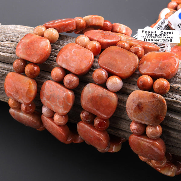 Double Drilled Natural Peach Red Fossil Coral 20x15mm Rectangle Bracelet Gemstone Beads 8" Strand