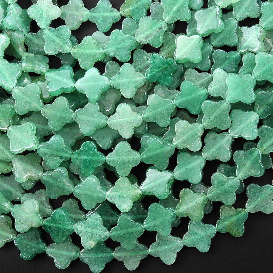 4 Four Leaf Clover Beads Natural Green Aventurine 8mm 10mm Hand Carved Flower Gemstone 15.5" Strand