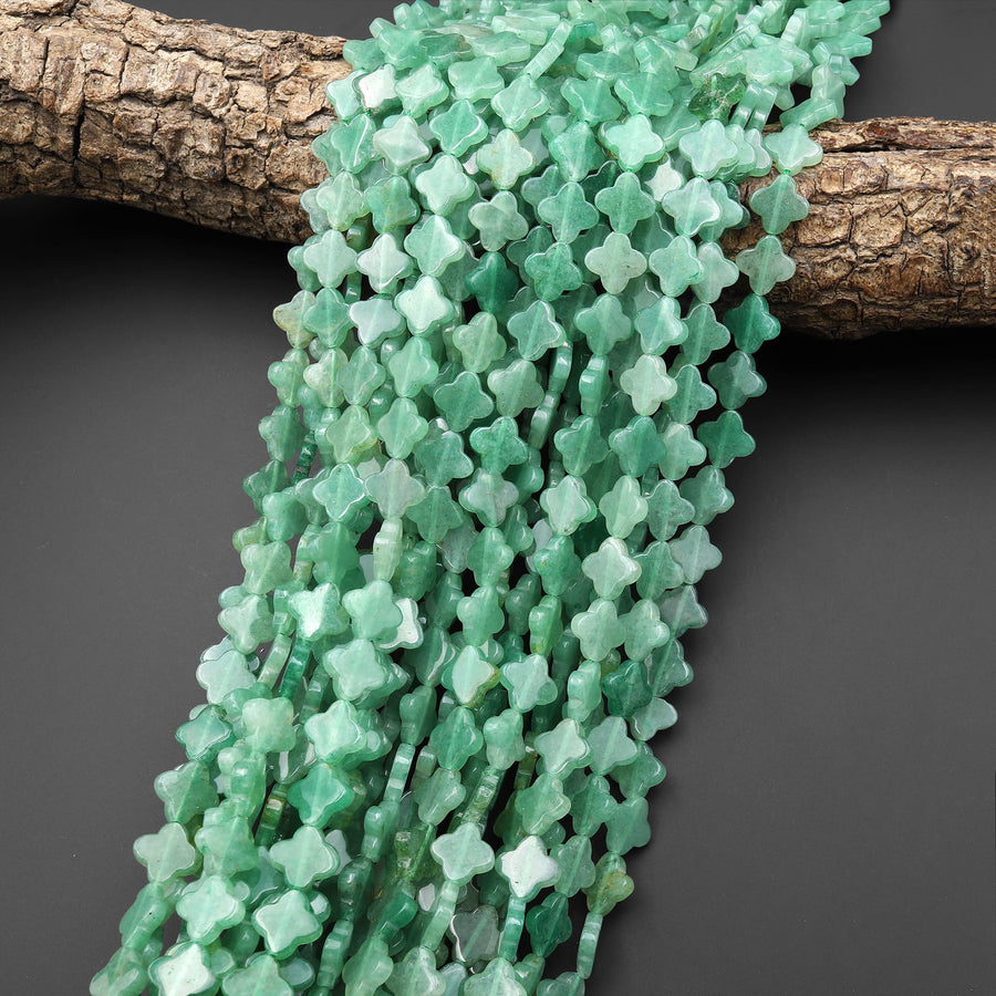 4 Four Leaf Clover Beads Natural Green Aventurine 8mm 10mm Hand Carved Flower Gemstone 15.5" Strand