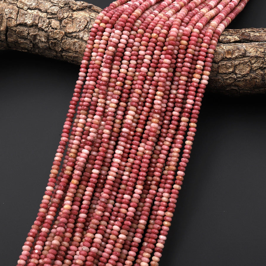 AAA Natural Petrified Pink Rhodonite 4mm Micro Faceted Thin Rondelle Gemstone Beads 15.5" Strand