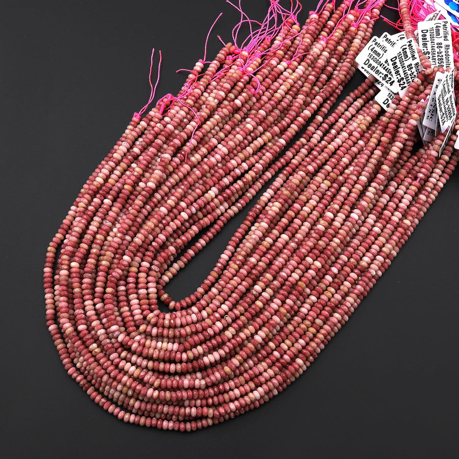 AAA Natural Petrified Pink Rhodonite 4mm Micro Faceted Thin Rondelle Gemstone Beads 15.5" Strand