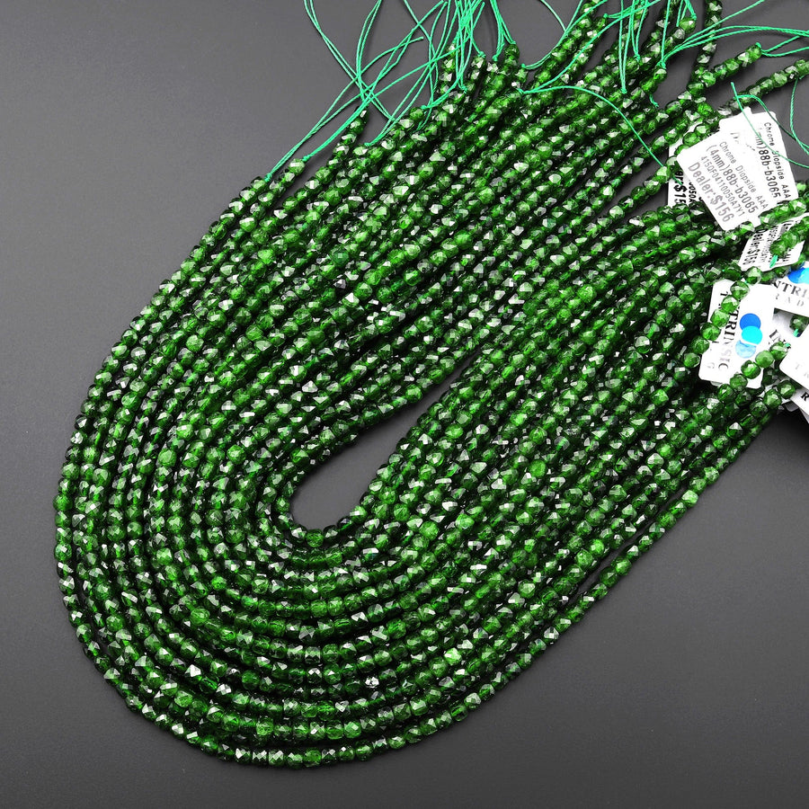 AAA Genuine Natural Green Chrome Diopside Faceted 4mm Cube Dice Square Gemstone Beads 15.5" Strand